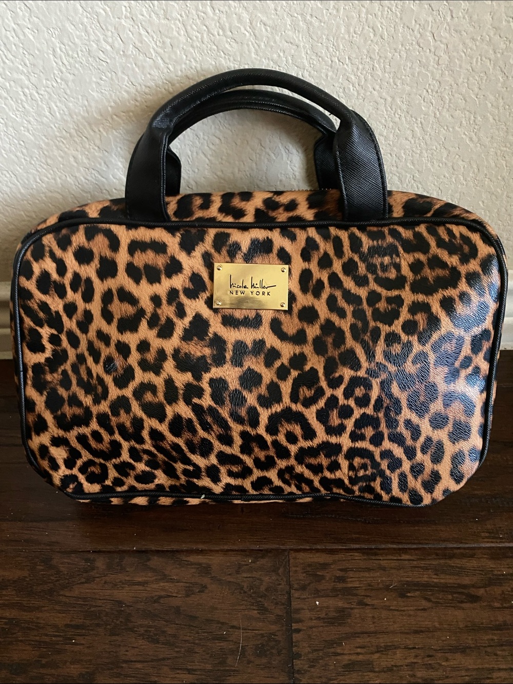 Nicole Miller Leopard Print Cosmetic Carry Case - Brown & Black